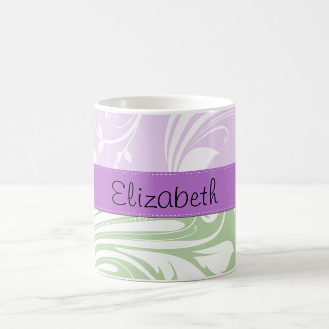 Purple Damask, Green Damask, Your Name Coffee Mug (Center)