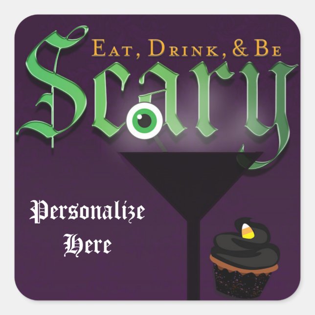 Purple Damask Halloween Eat Drink Party Sticker (Front)