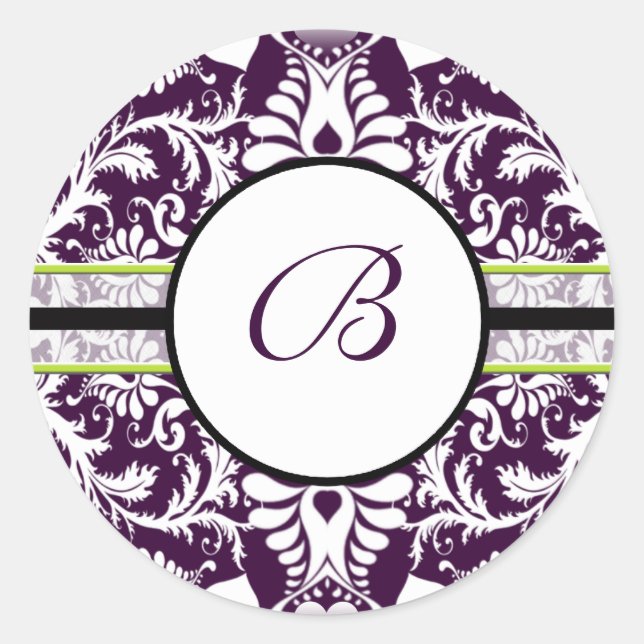 Purple Damask Initial Sticker Letter B Wedding (Front)