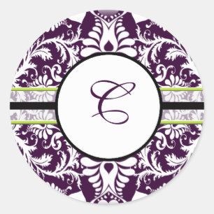 Purple Damask Initial Sticker Letter C Wedding
