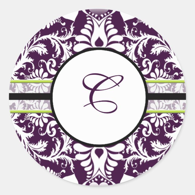 Purple Damask Initial Sticker Letter C Wedding (Front)
