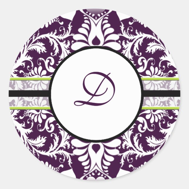 Purple Damask Initial Sticker Letter D Wedding (Front)