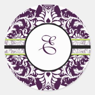 Purple Damask Initial Sticker Letter E Wedding