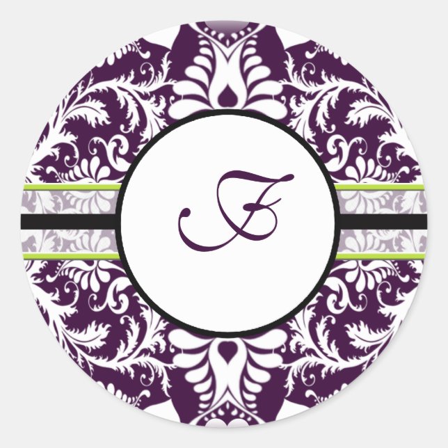 Purple Damask Initial Sticker Letter F Wedding (Front)