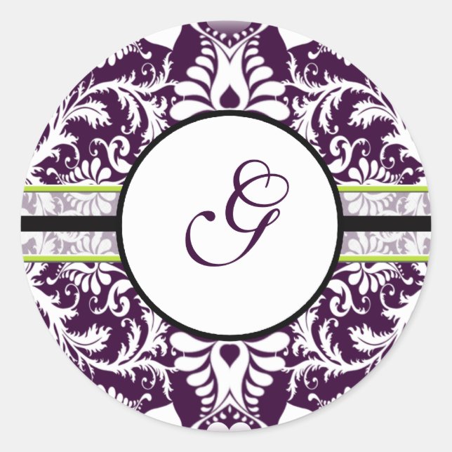 Purple Damask Initial Sticker Letter G Wedding (Front)