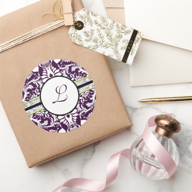 Purple Damask Initial Sticker Letter K Wedding (Gifting)