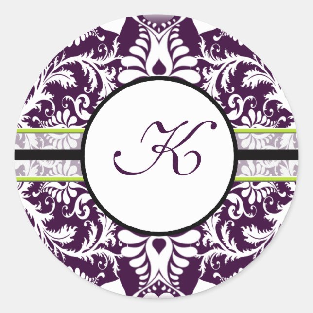 Purple Damask Initial Sticker Letter K Wedding (Front)