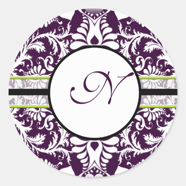 Purple Damask Initial Sticker Letter N Wedding (Front)