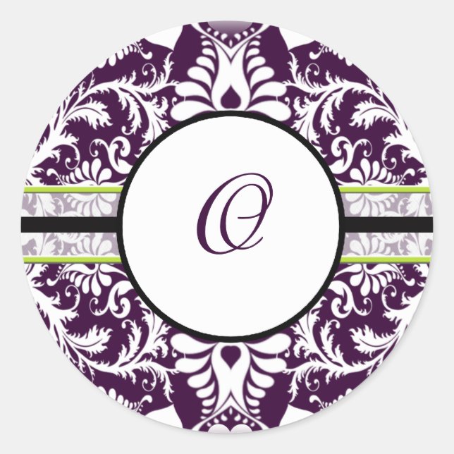 Purple Damask Initial Sticker Letter O Wedding (Front)