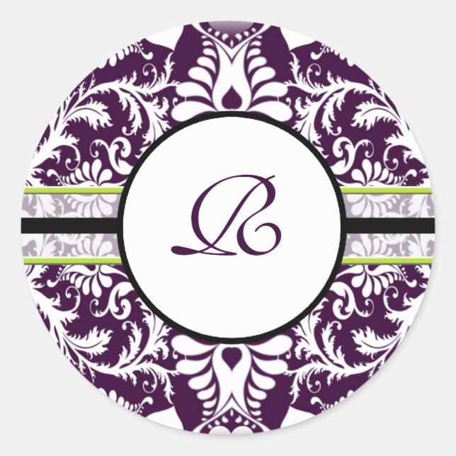 Purple Damask Initial Sticker Letter R Wedding (Front)