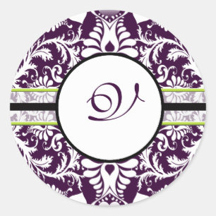 Purple Damask Initial Sticker Letter V Wedding