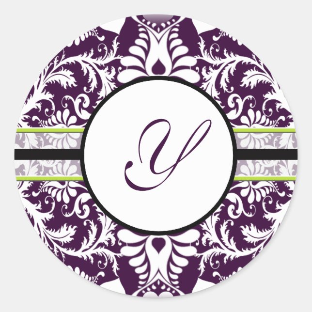 Purple Damask Initial Sticker Letter Y Wedding (Front)