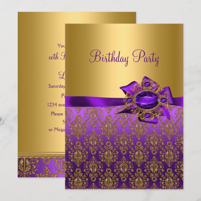 Purple Damask Jewel Birthday Party 🎉  Invitations (Front/Back)
