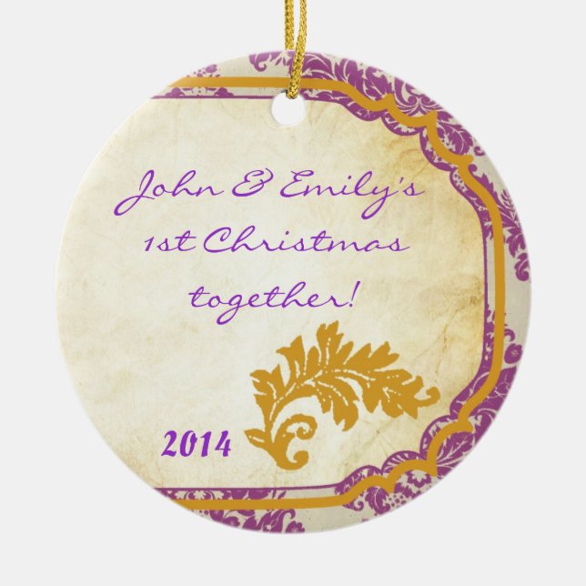 Purple Damask Lace Gold Personalised Name Ornament (Front)