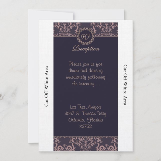 Purple Damask Lace Wedding Reception Card (Front)