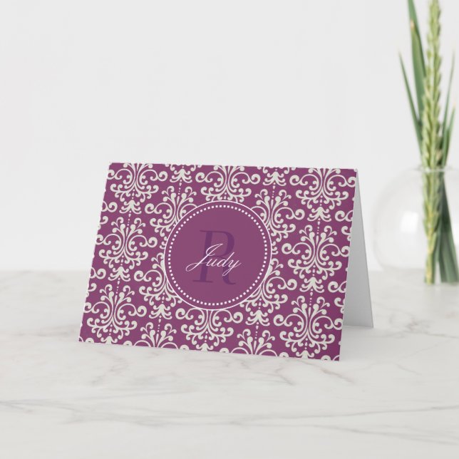 Purple Damask Monogram Note Cards (Front)