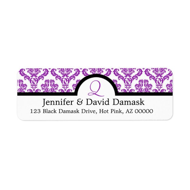 Purple Damask Monogram Q Wedding Mailing Labels (Front)