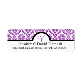 Purple Damask Monogram V Wedding Mailing Labels