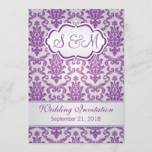 Purple damask on silver background Wedding Invitation