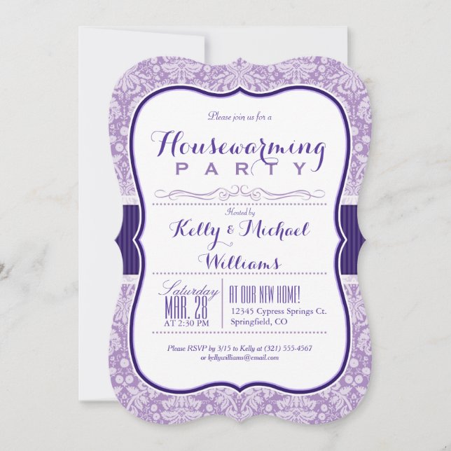 Purple Damask Pattern; Elegant Housewarming Party Invitation (Front)