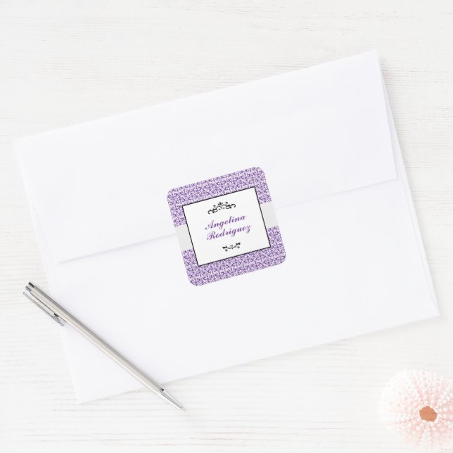 Purple Damask Pattern Graduation Square Sticker (Envelope)