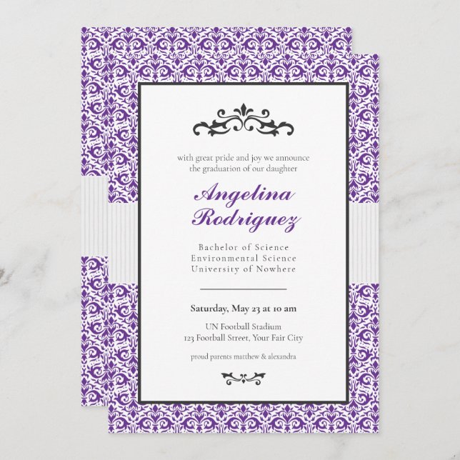Purple Damask Pattern Photo Graduation Invitation (Front/Back)