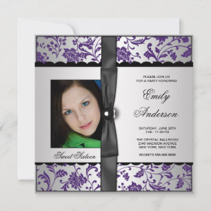 Purple Damask Photo Sweet 16 Party Invitation