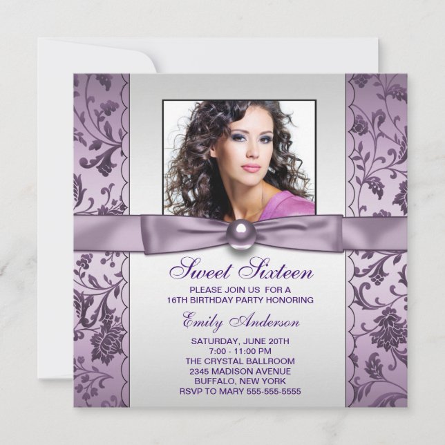 Purple Damask Photo Sweet Sixteen Birthday Party Invitation (Front)