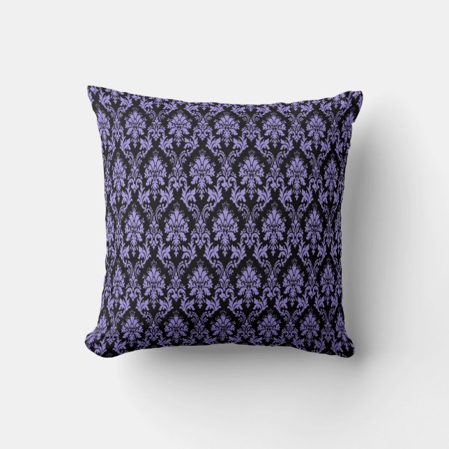 Purple Damask Print on Black Throw  Pillow (Front)