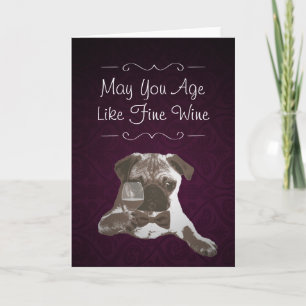 Purple Damask Pug & Fine Wine Happy Birthday Card