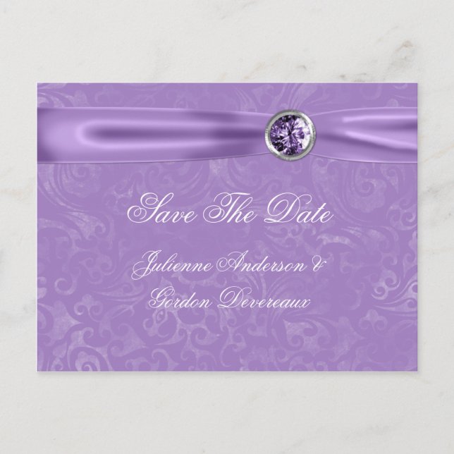 Purple Damask Purple Ribbon Jewels Save The Date Announcement Postcard (Front)