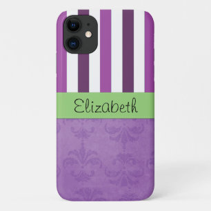 Purple Damask, Purple Stripes, Striped, Your Name iPhone 11 Case