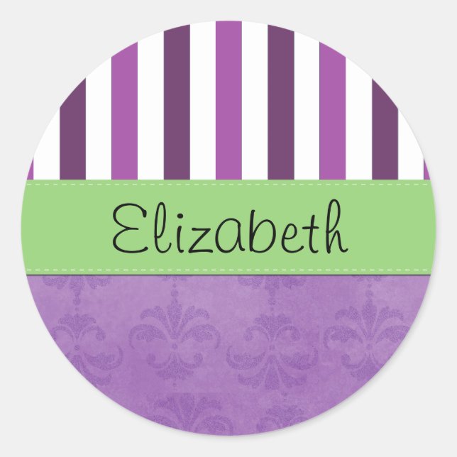 Purple Damask, Purple Stripes, Striped, Your Name Classic Round Sticker (Front)