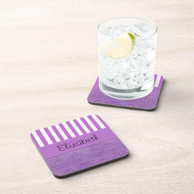 Purple Damask, Purple Stripes, Striped, Your Name Coaster (Right Side)