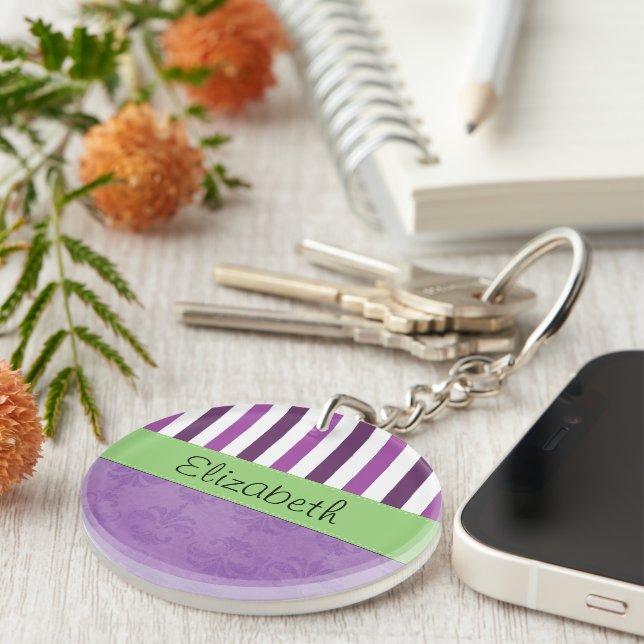Purple Damask, Purple Stripes, Striped, Your Name Key Ring (Front Right)