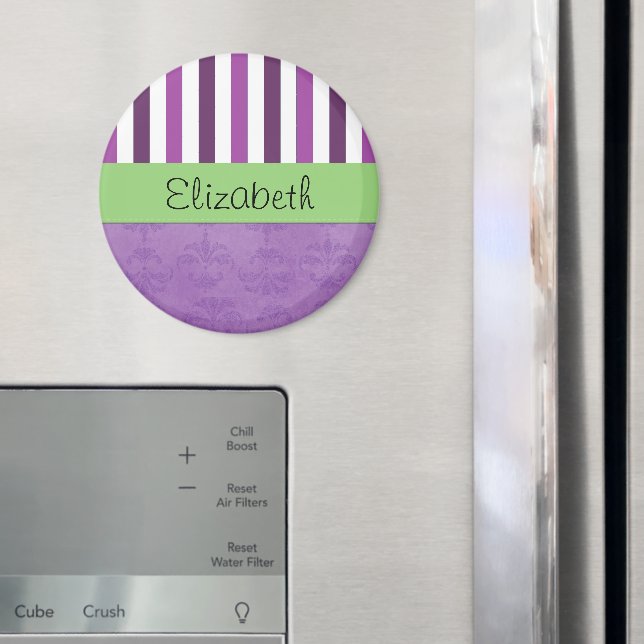 Purple Damask, Purple Stripes, Striped, Your Name Magnet (In Situ (Fridge))