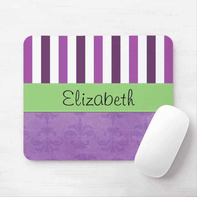 Purple Damask, Purple Stripes, Striped, Your Name Mouse Mat (With Mouse)