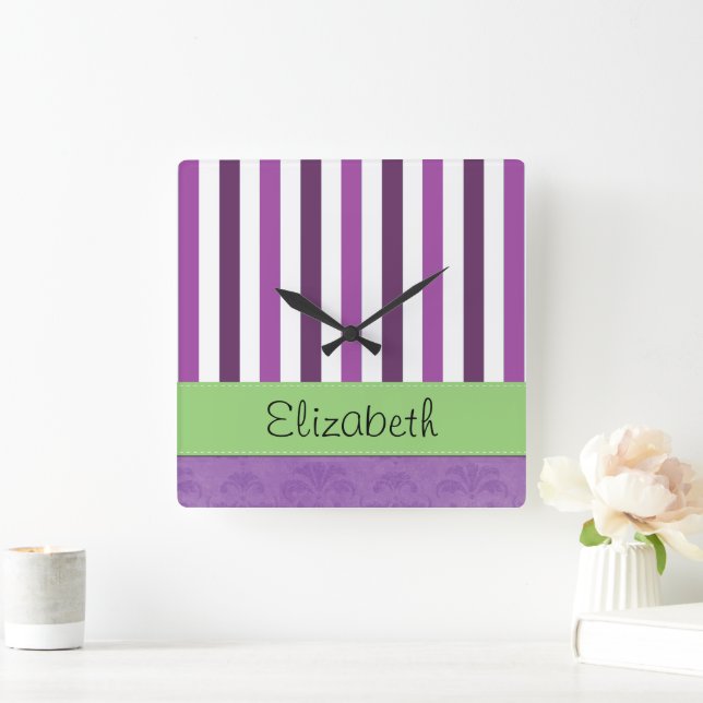 Purple Damask, Purple Stripes, Striped, Your Name Square Wall Clock (Home)