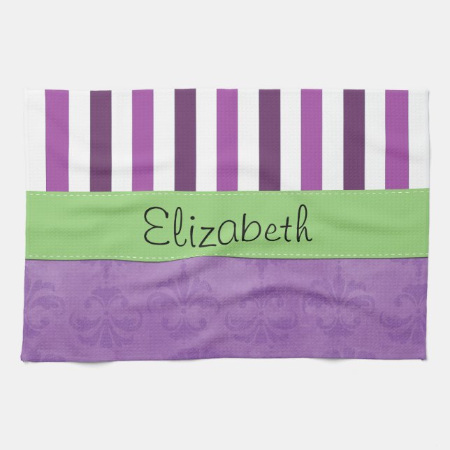 Purple Damask, Purple Stripes, Striped, Your Name Tea Towel (Horizontal)
