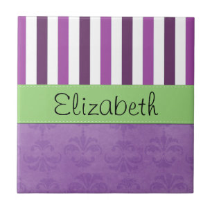 Purple Damask, Purple Stripes, Striped, Your Name Tile