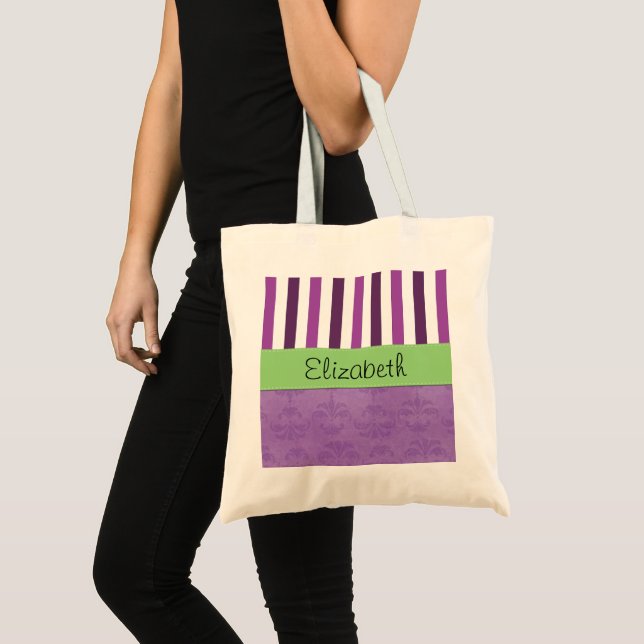 Purple Damask, Purple Stripes, Striped, Your Name Tote Bag (Front (Product))