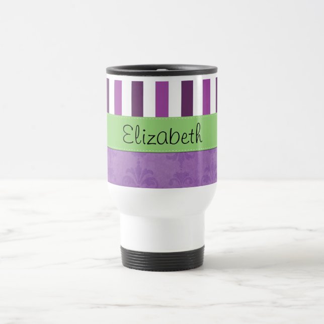 Purple Damask, Purple Stripes, Striped, Your Name Travel Mug (Center)