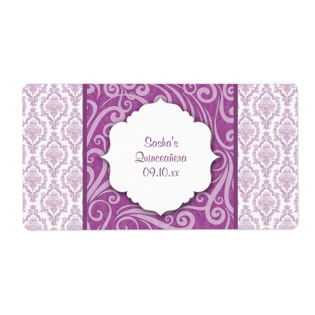 Purple Damask Quinceañera Water Bottle or Favour (Front)
