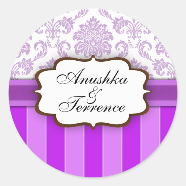 Purple Damask Stripe Wedding Sticker (Front)