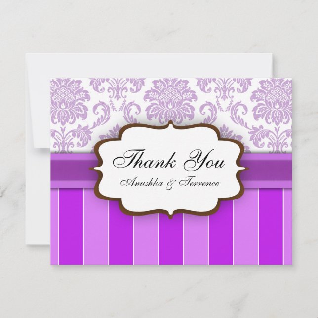 Purple Damask Stripe Wedding Thank You (Front)