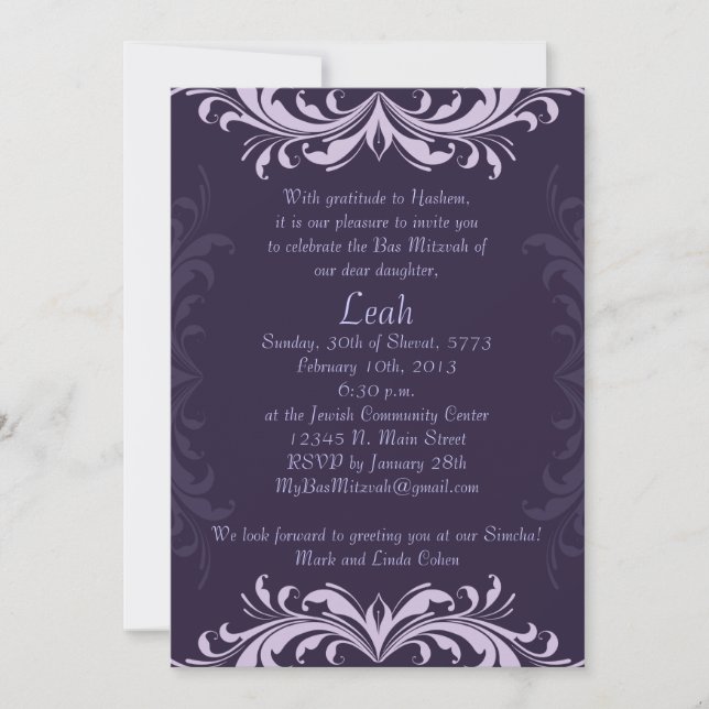 Purple Damask Swirl Invitation (Front)