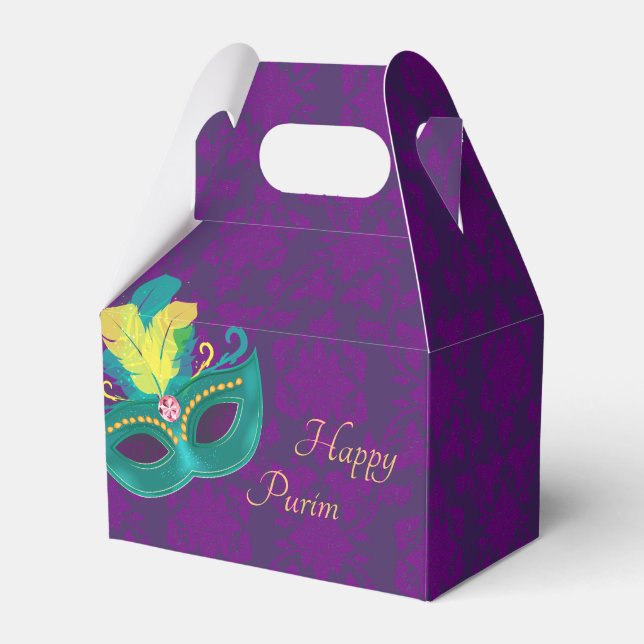 Purple Damask Teal Mask Purim Party Favour Box (Front Side)
