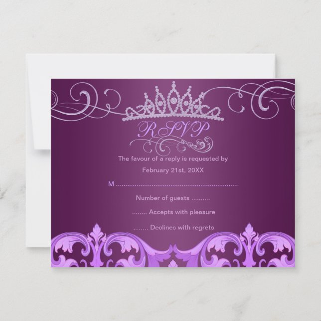Purple Damask & Tiara Birthday RSVP Card (Front)