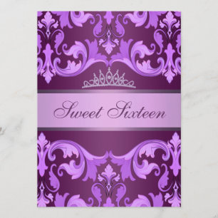 Purple Damask & Tiara Sweet16 Birthday Invite