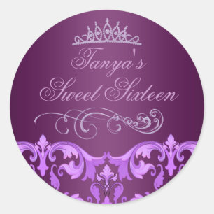 Purple Damask/Tiara Sweet 16 Envelope Sticker/seal Classic Round Sticker